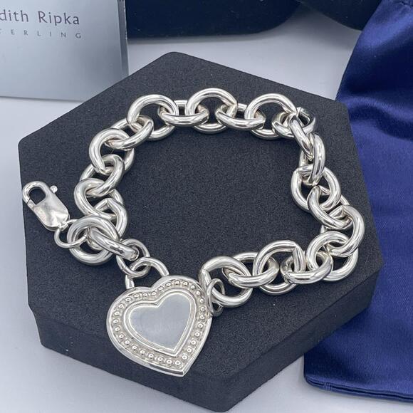 Judith Ripka Vintage Sterling Silver Heart Charm Chunky Bracelet Heavy 49.87g - Picture 10 of 12